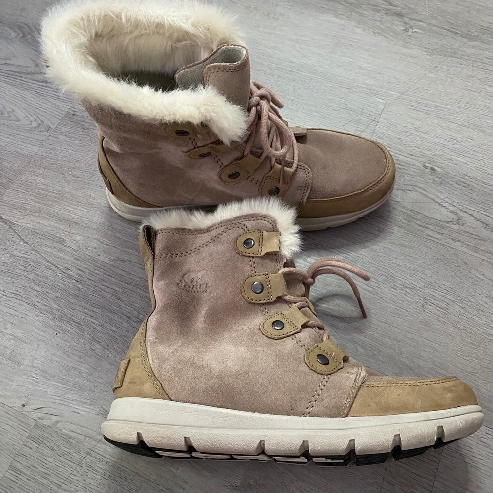 SOREL Explorer Joan Boots Women 10 Tan Waterproof Faux Fur Suede